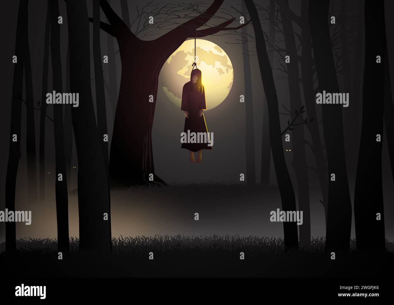 Frau hängte sich an einem Baum inmitten eines gruseligen Waldes, makaber, halloween, Horror-Thema, Vektor-Illustration Stock Vektor