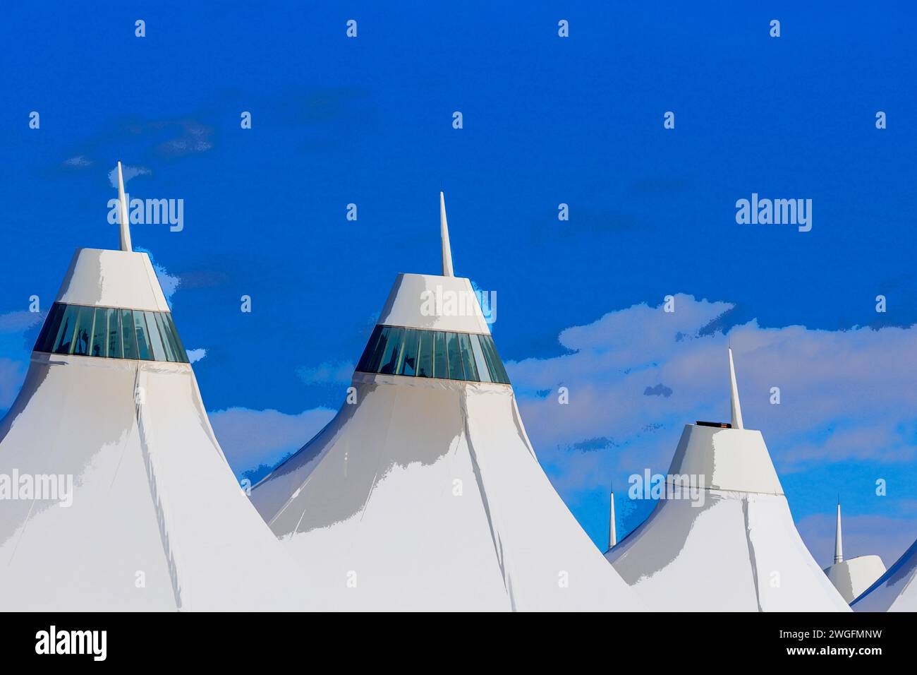 Close View of Denver International Airport Architecture Peaks. Aquarelleffekt. Stockfoto