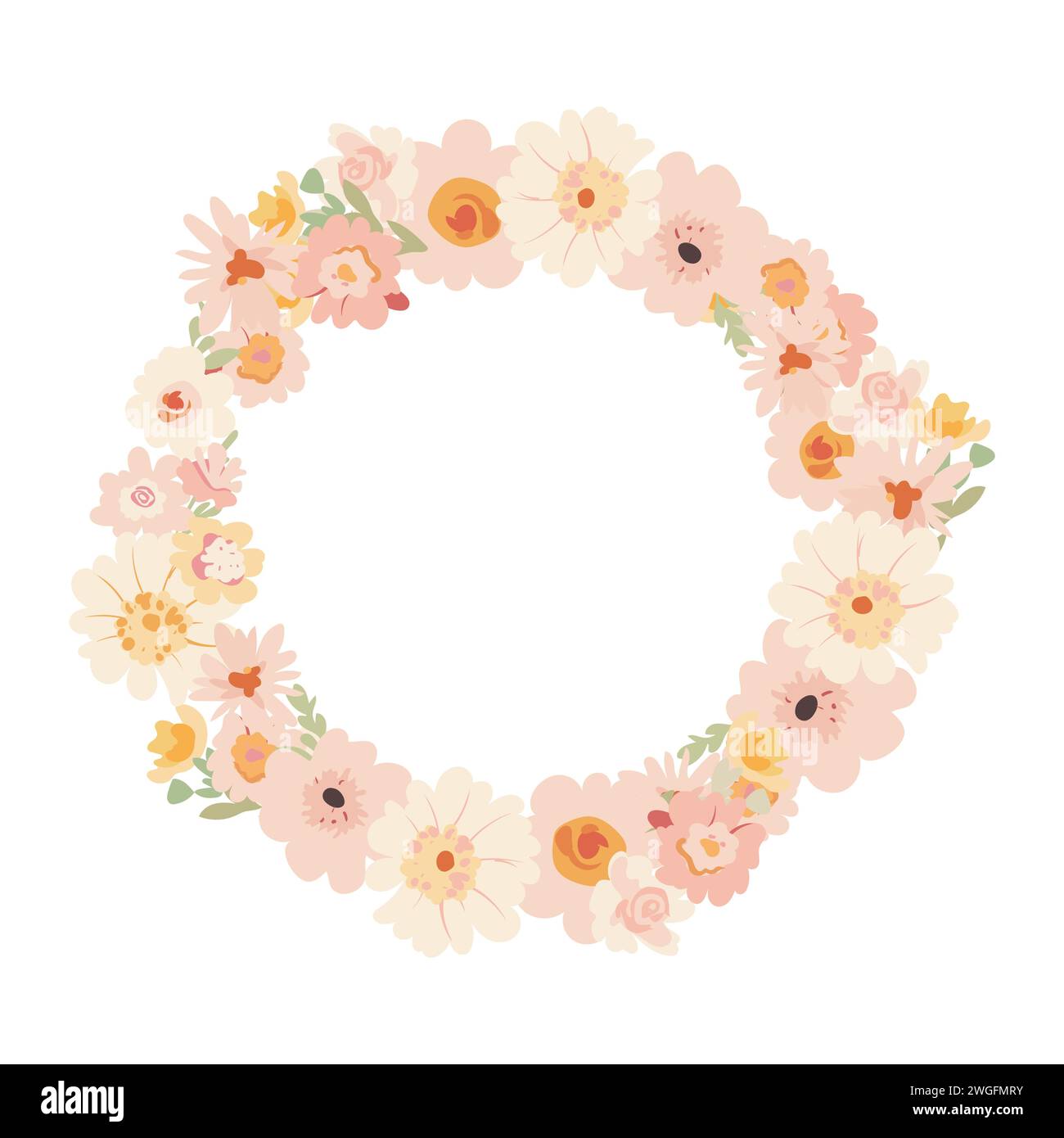 Ein schöner runder Rahmen mit zarten Blumen in rosa Tönen, Pfingstrosen, Rosen und Dahlien. Flache Illustration für Hochzeitsdesign, Einladung, Stock Vektor