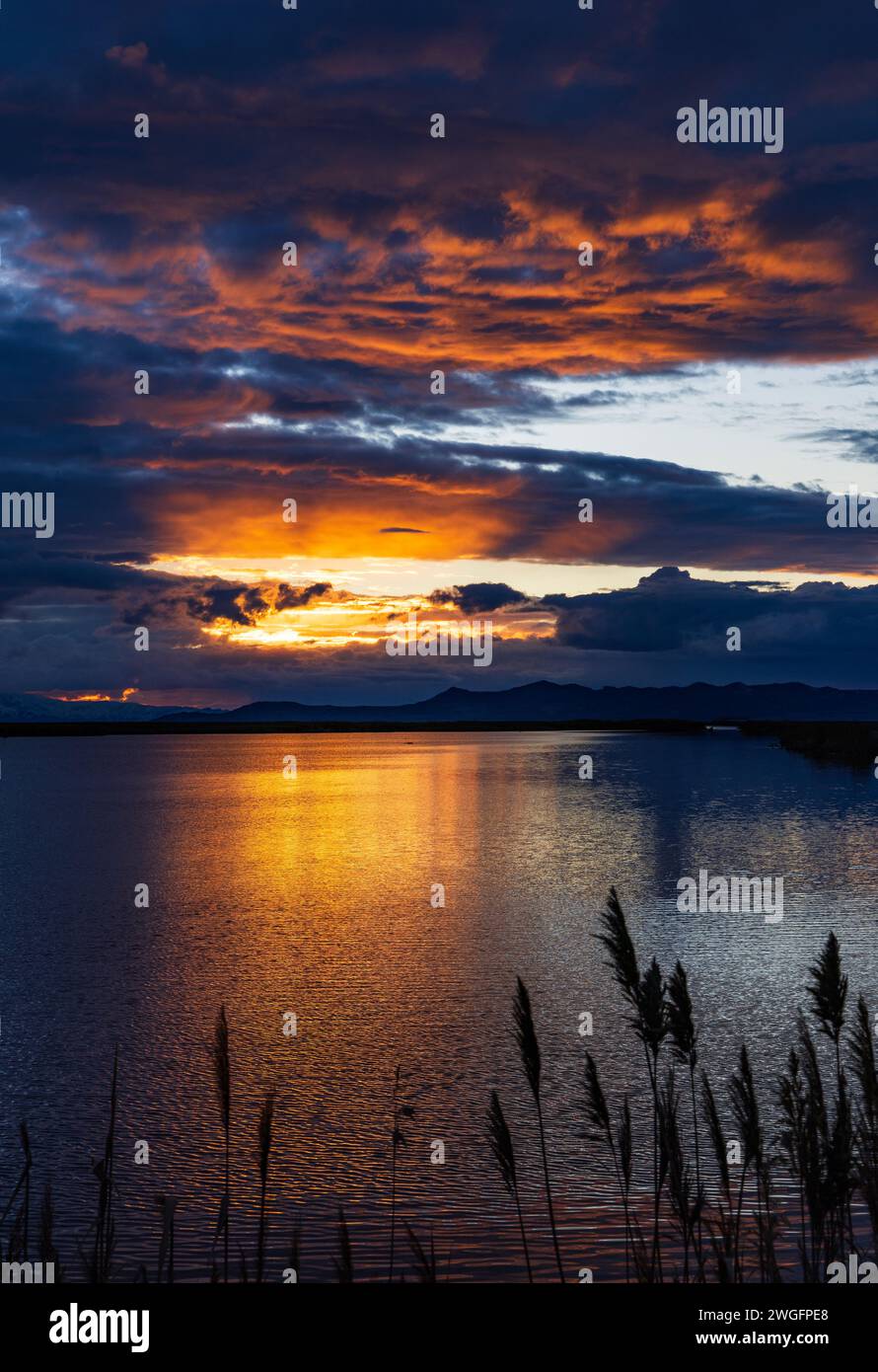 Die untergehende Sonne erleuchtet die Wolken in der Turpin Unit der Farmington Bay Waterfowl Management Area, Farmington, Davis County, Utah, USA. Stockfoto