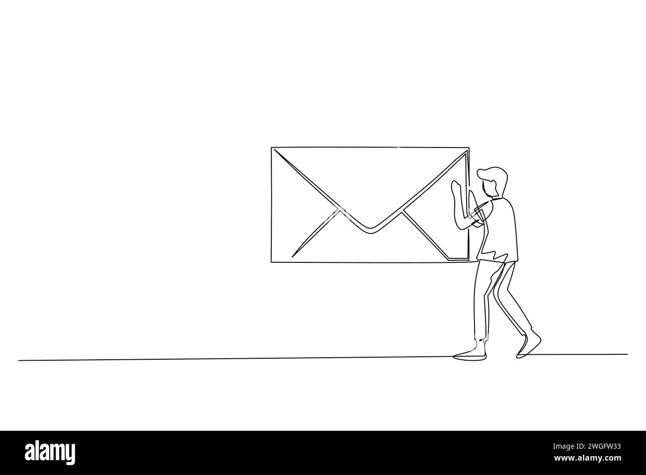 Durchgehende einzeilige Zeichnung eines jungen Geschäftsmannes, der Briefumschläge hält, um eine Nachricht zu übermitteln. Professionelles Berufsbild minimalistisches Konzept. Einzel l Stock Vektor