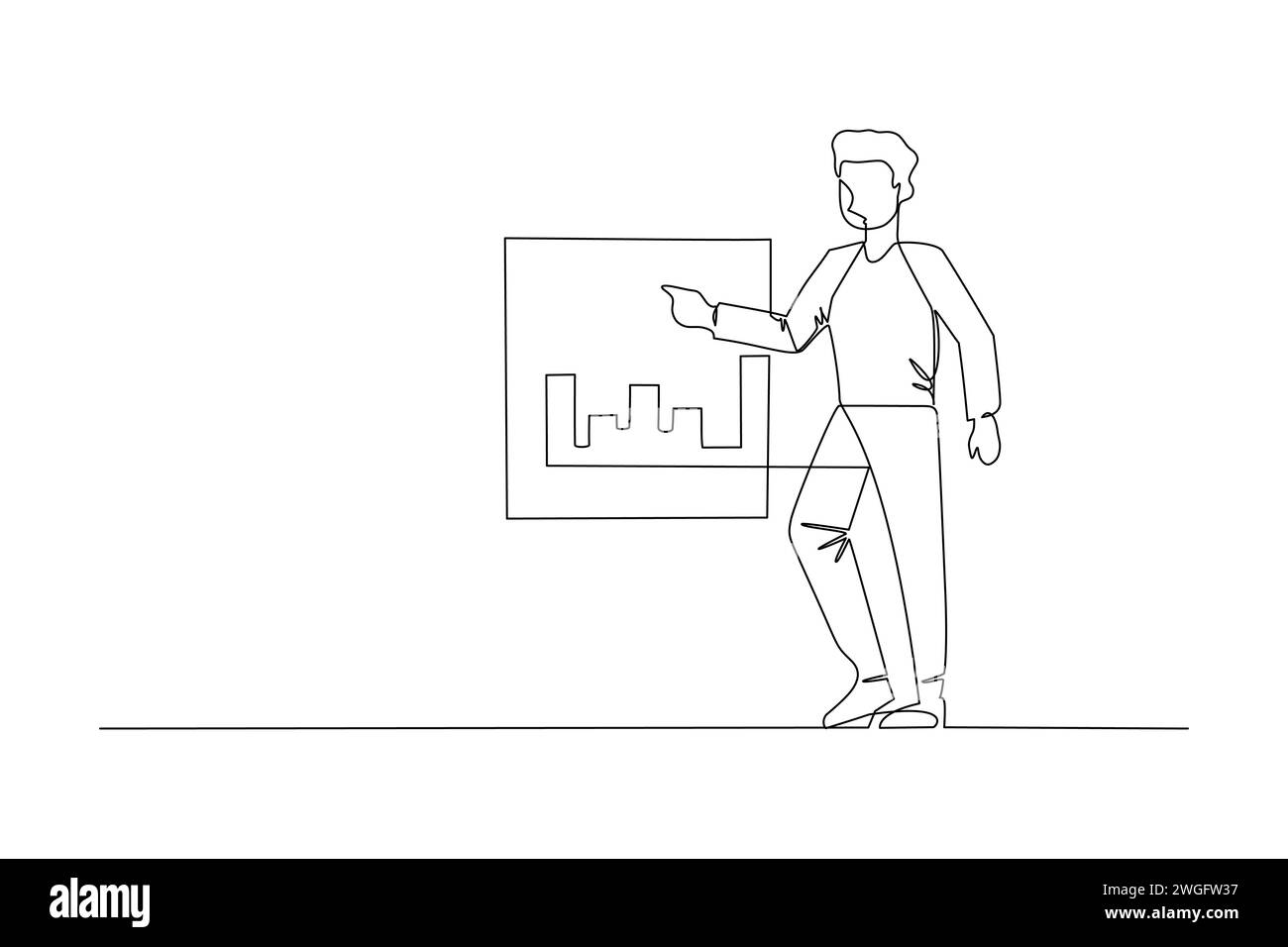 Einzelne durchgehende Linienzeichnung eines jungen Managers, der mit dem Finger auf die Bildschirmtafel zeigt, mit einem Datendiagramm. Business Präzentation Concept One Line Draw des Stock Vektor
