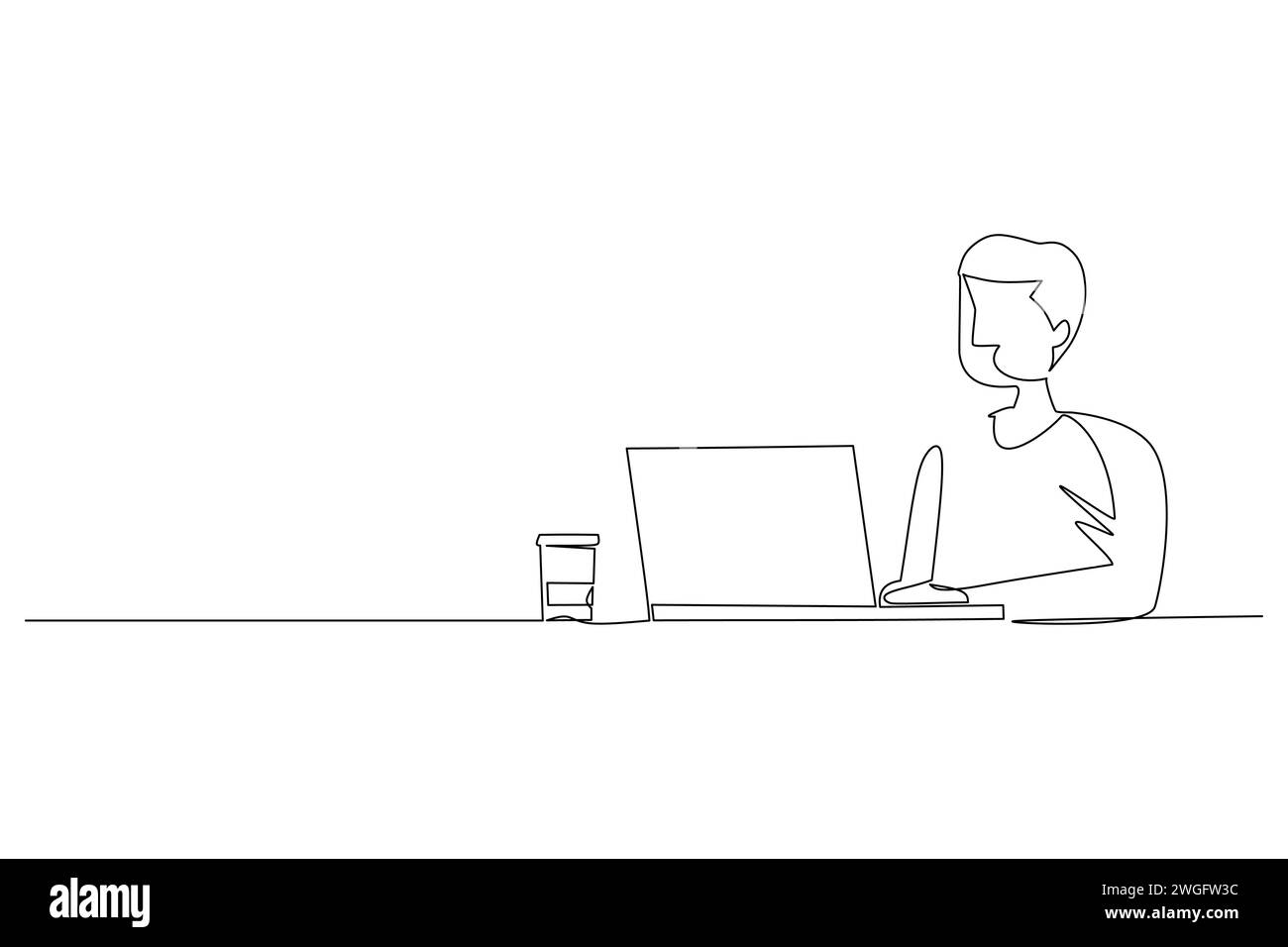 Die fortlaufende Linienzeichnung eines jungen Geschäftsmannes sitzt vor einem Laptop und einer Tasse Kaffee. Mitarbeiter denken nachdenklich vor dem Laptop-Monitor. Stock Vektor