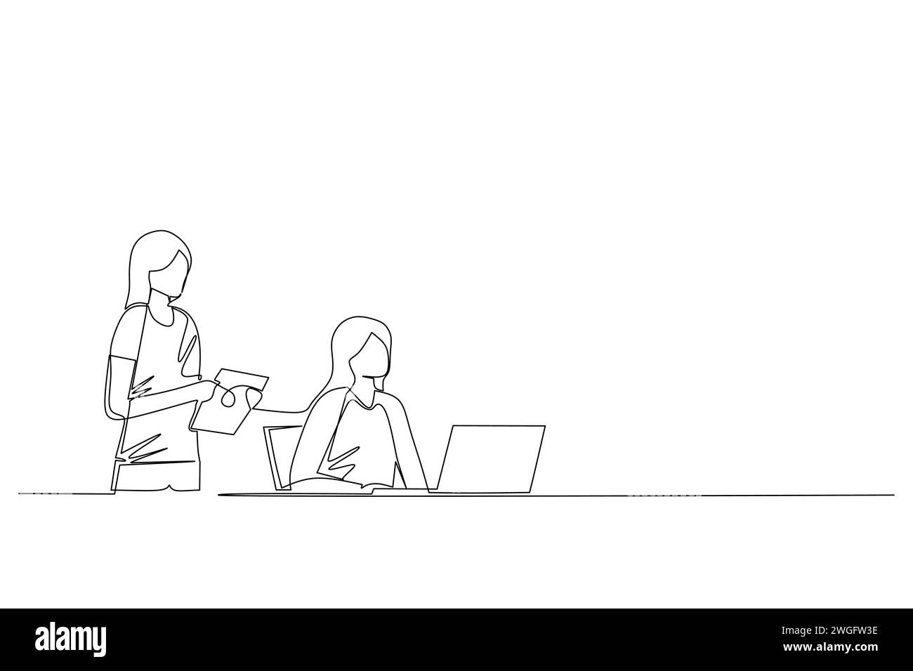 Fortlaufende Linienzeichnung zweier junger Arbeiterinnen, die auf einen Laptop schauen und über die gemeinsame Arbeit im Büro diskutieren. Konzept der Arbeitsdiskussion Stock Vektor