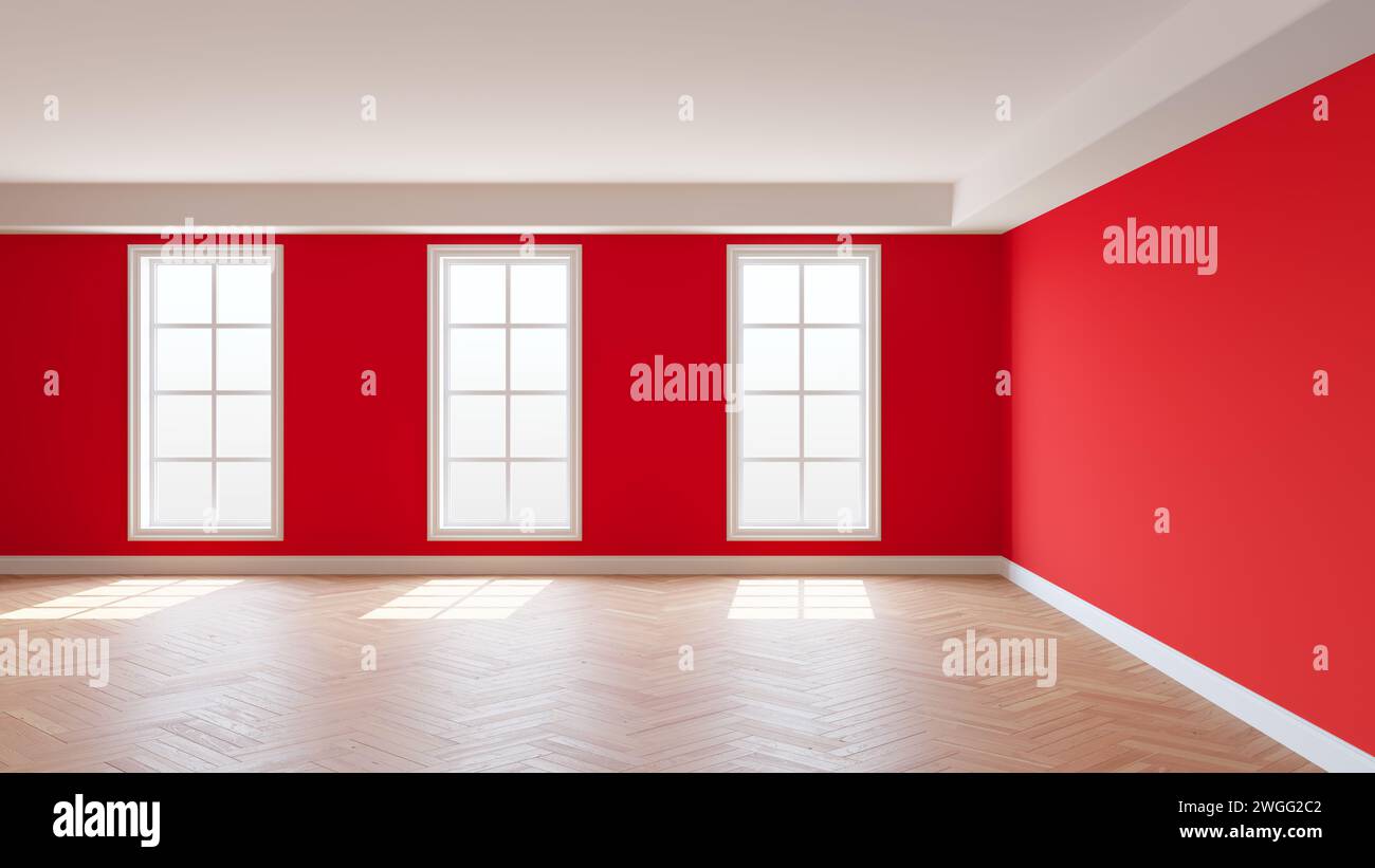 Rotes Interieur mit weißer Decke und Gesimse, glänzendem Fischgrätparkett, drei großen Fenstern und einem weißen Sockel. Sonniges, Wunderschönes Interieur. 3D Stockfoto