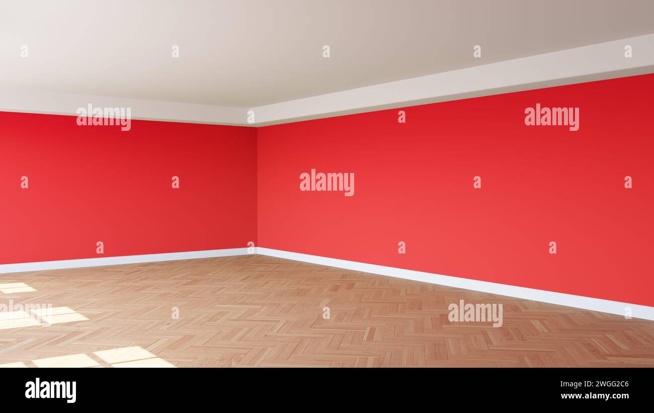 Ecke des Sunny Interior mit roten Wänden, einer weißen Decke und Gesimse, glänzendem Fischgrätparkett und einem weißen Sockel. Unmöblierter Innenraum C Stockfoto