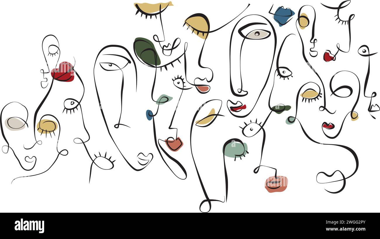 Abstrakte Vektor-Illustration von Gesichtern von Männern und Frauen, Augen, Nasen, Lippen, Ohren, Line Art farbenfrohe überfüllte Wandfenster Spiegeldekoration Stock Vektor