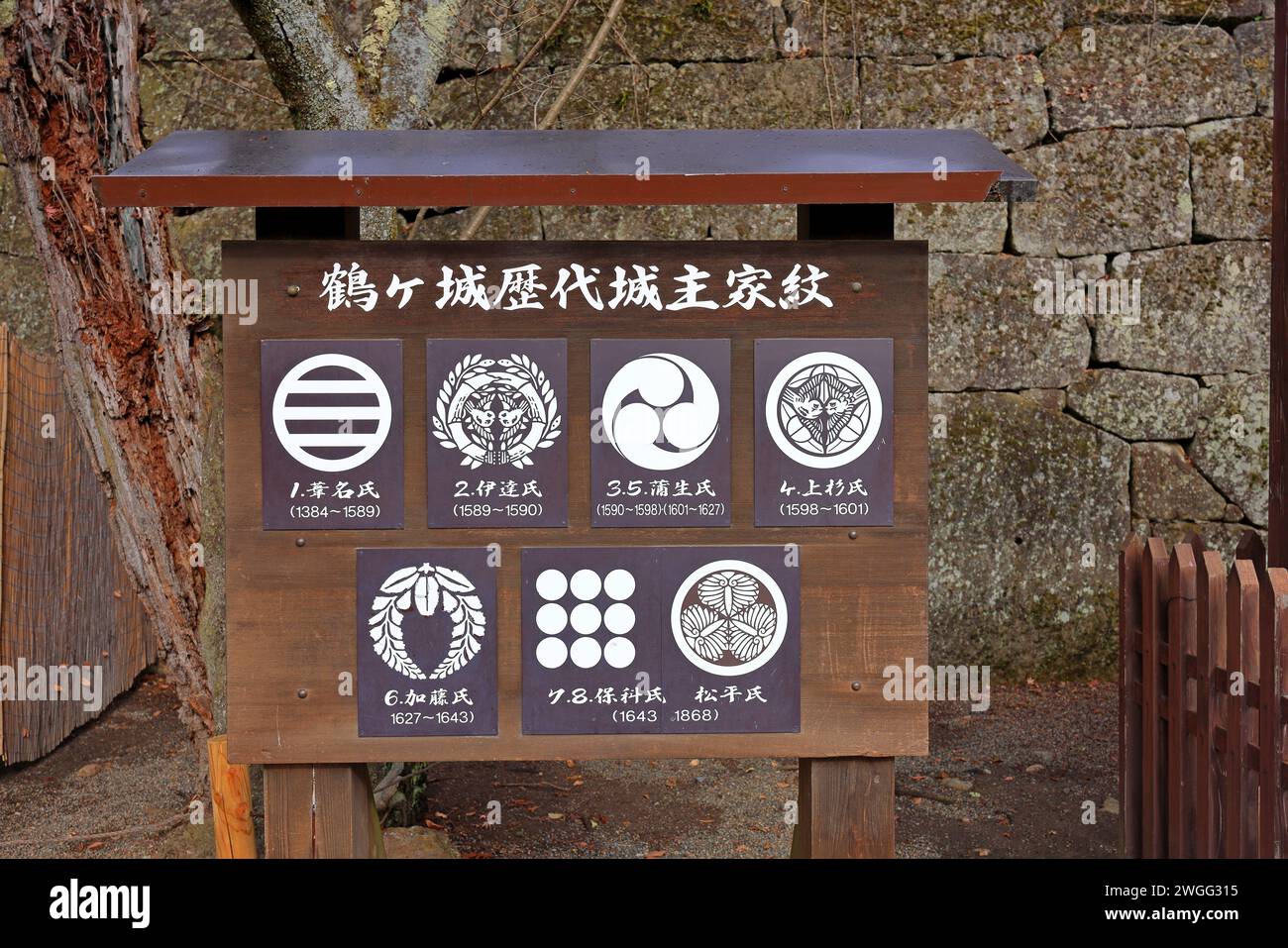 Erklärungstafel am Schloss Tsuruga (Schloss Wakamatsu) in Otemachi, Aizuwakamatsu, Fukushima, Japan Stockfoto