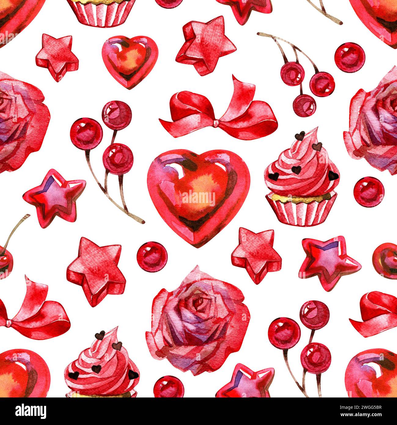 Nahtloses Muster zum Valentinstag. Kollektion von Aquarellherzen. Schöner romantischer Hintergrund für Stoff, Tapeten, Textil, Verpackung Stockfoto