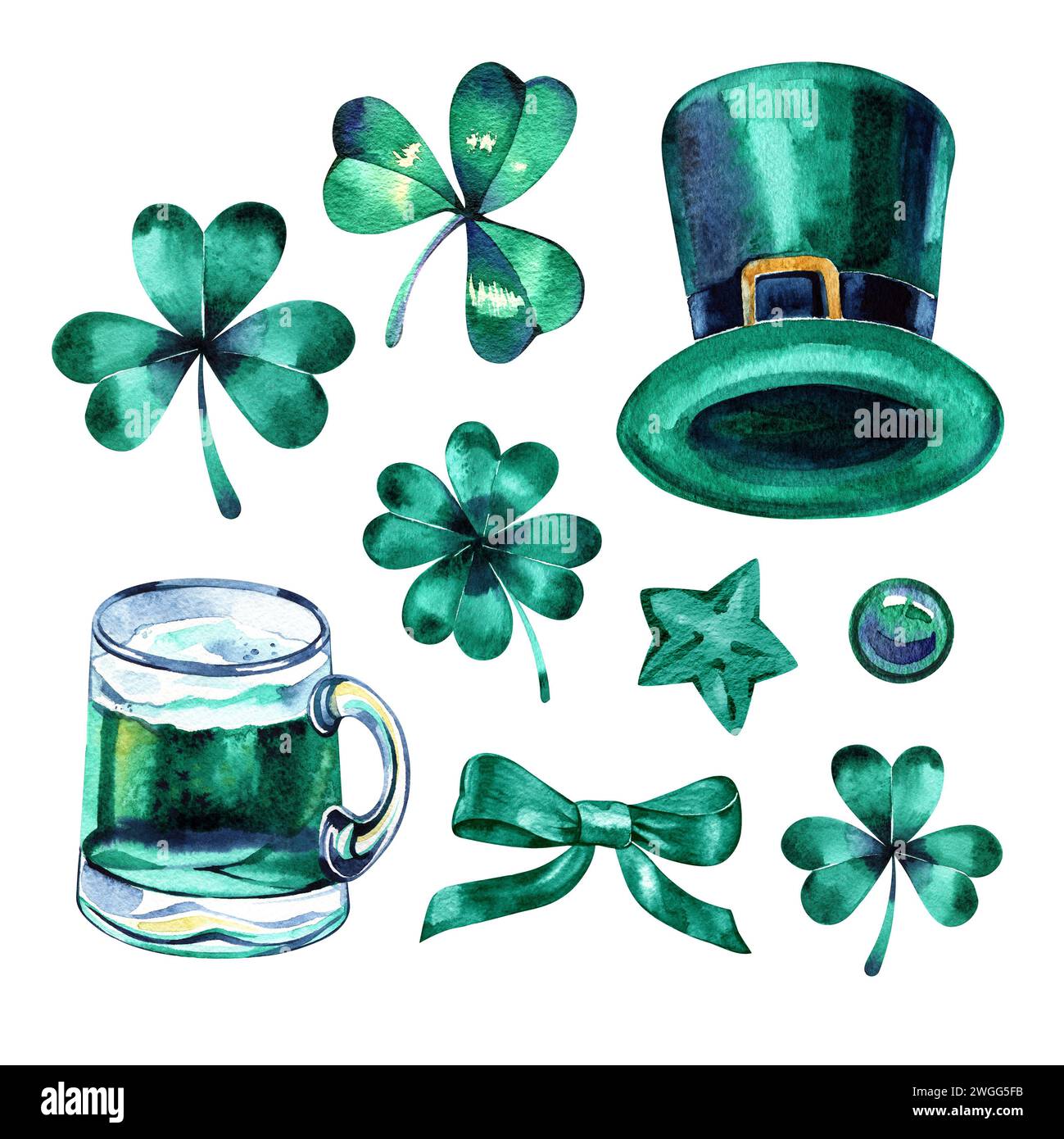 Clipart St. Patrick's Day. Grüner Hut, Klee, grünes Bier, grüner Stern, grünes Band. Stockfoto