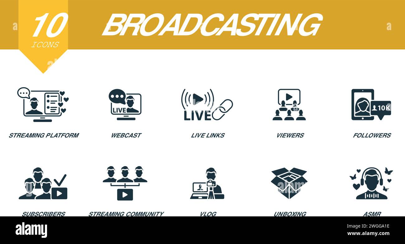 Broadcast-Set. Kreative Symbole: Streaming-Plattform, Webcast, Live-Links, Zuschauer, Follower, Abonnenten, Streaming-Community, Vlog, Unboxing. Stock Vektor