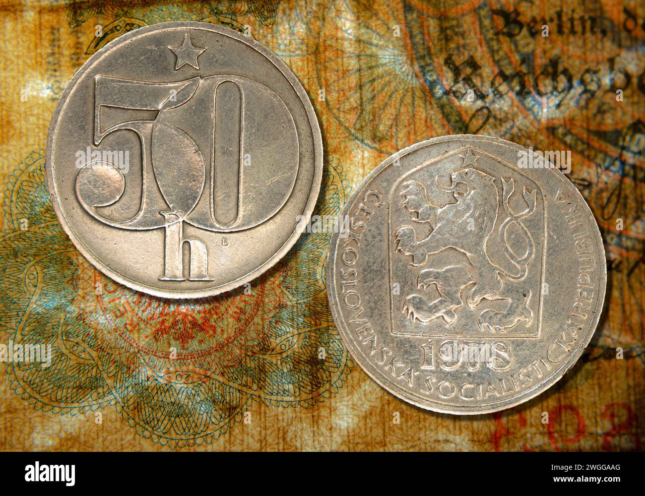 Die tschechoslowakische Krone, Haleru-Münze, altes Geld der tschechoslowakei Stockfoto