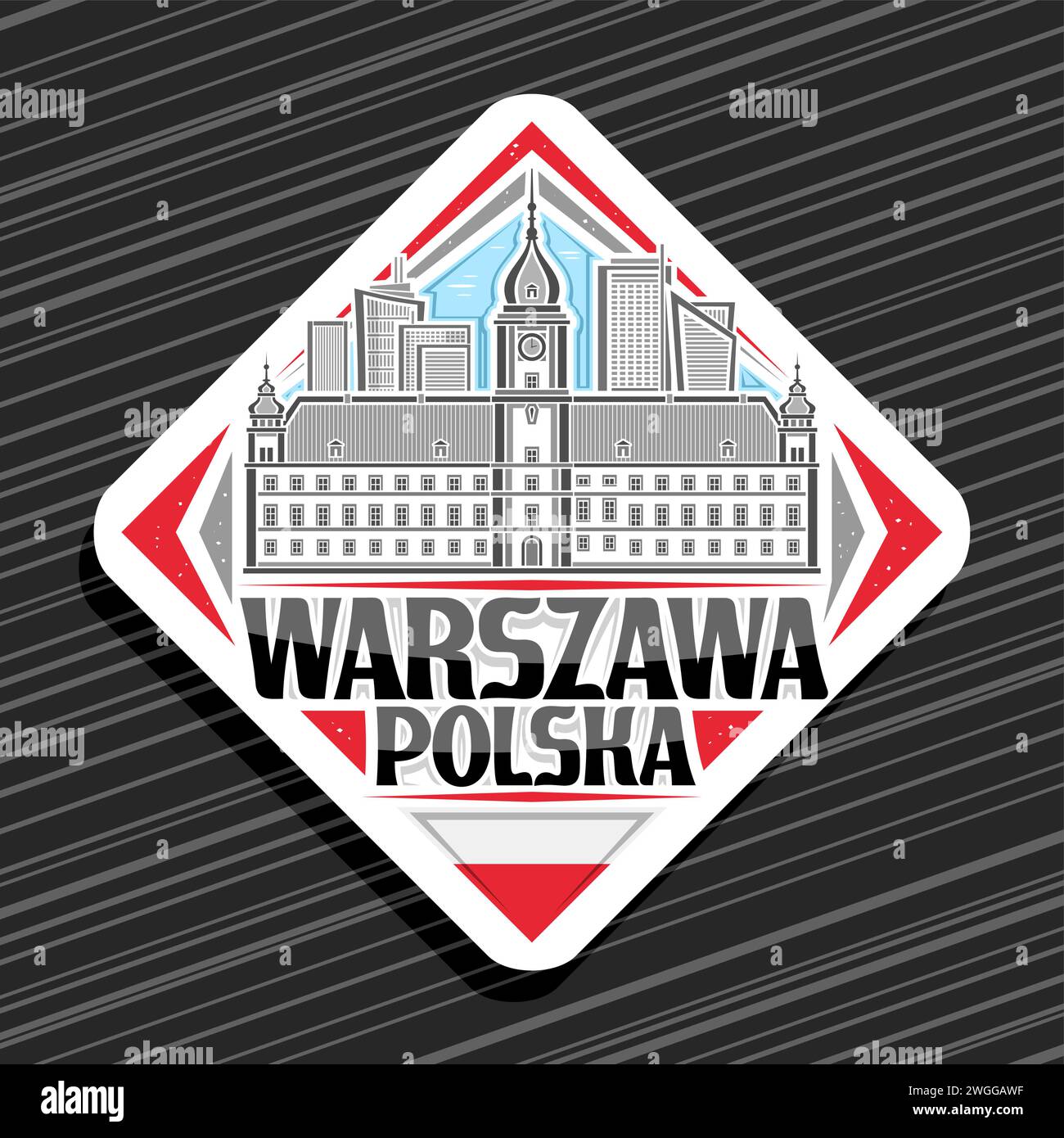 Vektor-Logo für Warszawa, weißes Rautenschild mit Linienillustration der historischen europäischen warszawa-Stadtlandschaft auf Tageshimmel-Hintergrund, dekorative Re Stock Vektor