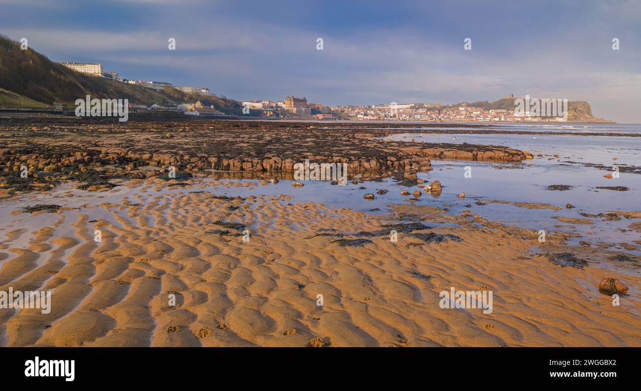 Sonniger Nachmittag Scarborough South Bay bei Ebbe. Das Foto wurde aus dem Bereich am Fuße der Klippe bei Holbeck aufgenommen, in den Aufnahmen sind ausgedehnte Felsformationen Stockfoto