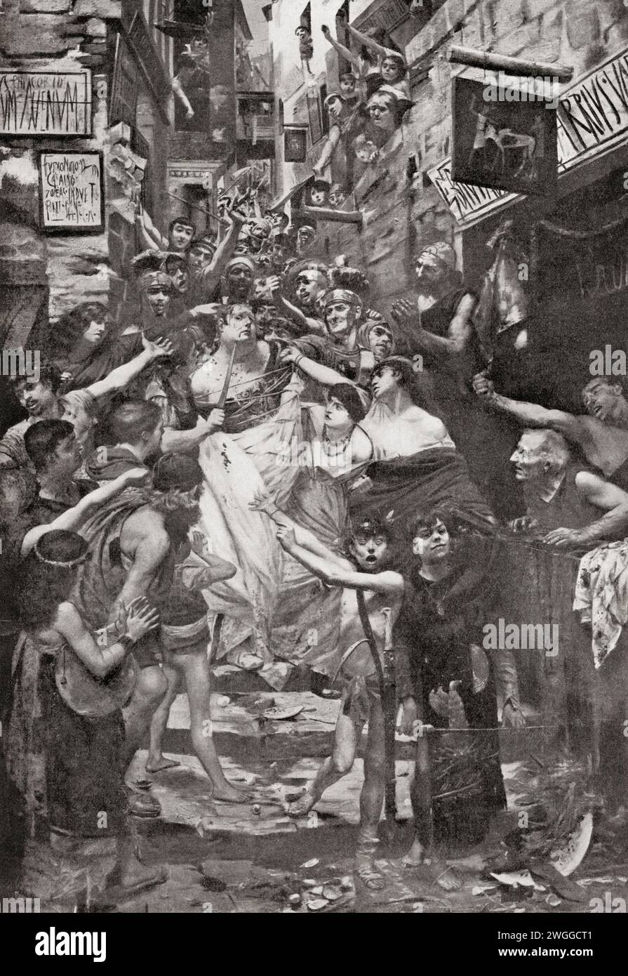 Aulus Vitellius wird durch die Straßen Roms gezerrt, die gemonische Treppe hinunter geworfen und von Vespasians Anhängern ermordet, nach dem Gemälde von Georges Rochegrosse (1883). Vitellius, 15–69 n. Chr. Römischer Kaiser für acht Monate. Stockfoto