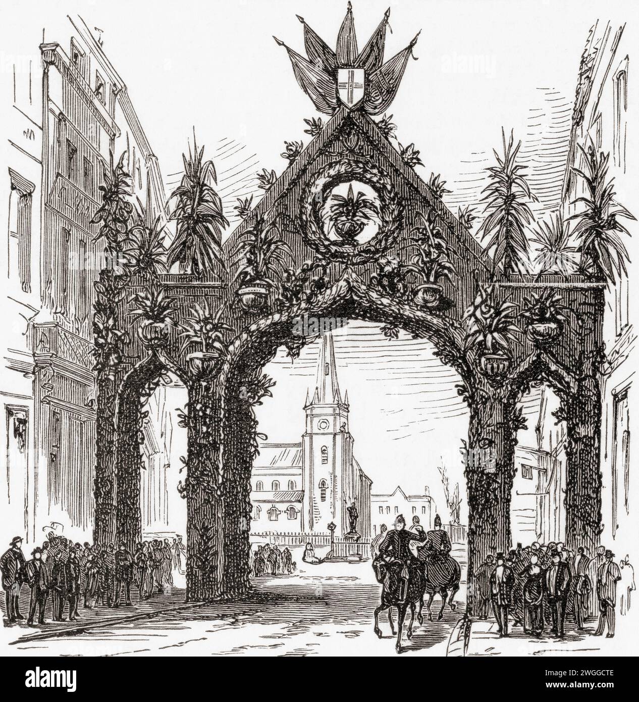 Der Floral Arch, Bullring, Birmingham, England, wurde anlässlich des Besuchs von Königin Victoria in Birmingham am 23. März 1887, dem Jahr des Goldenen Jubiläums, errichtet. From the London Illustrated News, veröffentlicht am 26. März 1887. Stockfoto