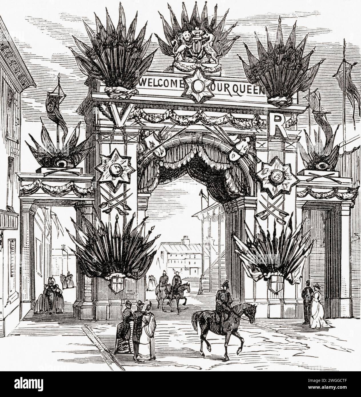 Der Gunmaker's Arch, Costa Green, Birmingham, England, wurde anlässlich des Besuchs von Königin Victoria in Birmingham am 23. März 1887, dem Jahr des Goldenen Jubiläums, errichtet. From the London Illustrated News, veröffentlicht am 26. März 1887. Stockfoto
