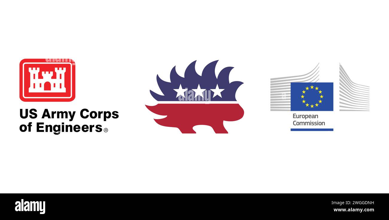 US Army Corps of Engineers, Europäische Kommission, Libertarian Party Stachelschwein. Markenemblem der Redaktion. Stock Vektor