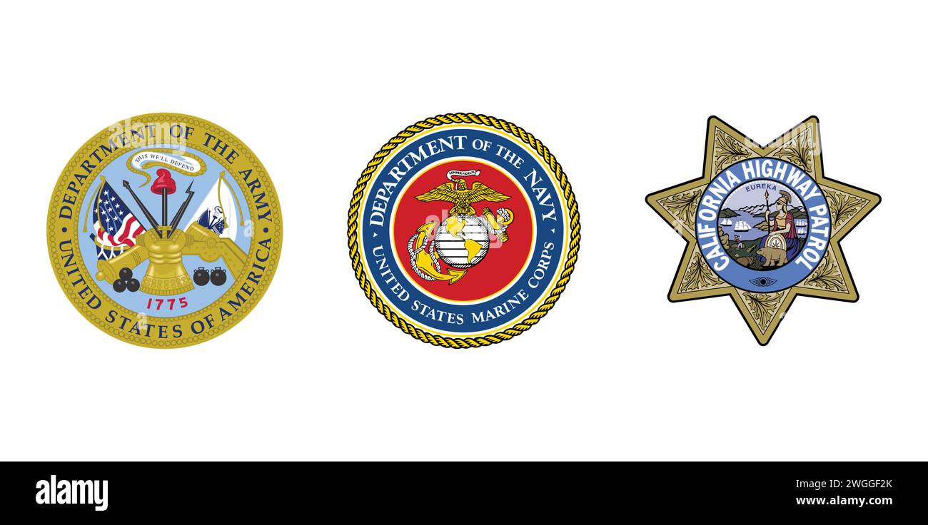 US Department of the Army, United States Marine Corps, California Highway Patrol. Markenemblem der Redaktion. Stock Vektor