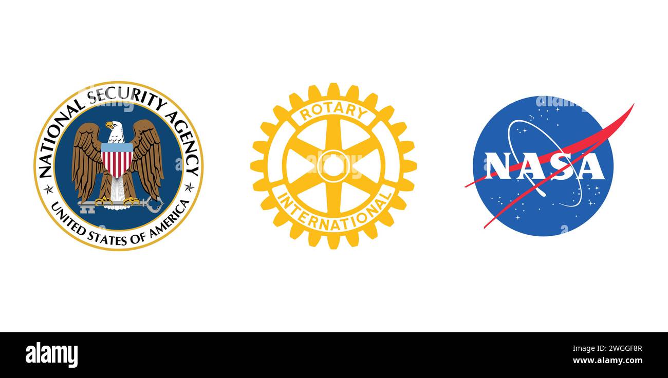 Nationale Sicherheitsbehörde, NASA, Rotary International. Markenemblem der Redaktion. Stock Vektor