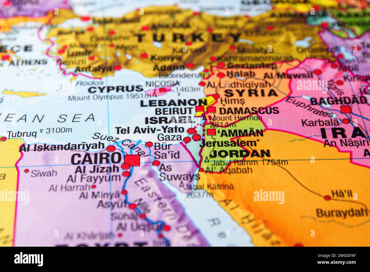 Gazastreifen, Palästina und Israel auf geopolitischer Karte. Hochwertige Fotos Stockfoto
