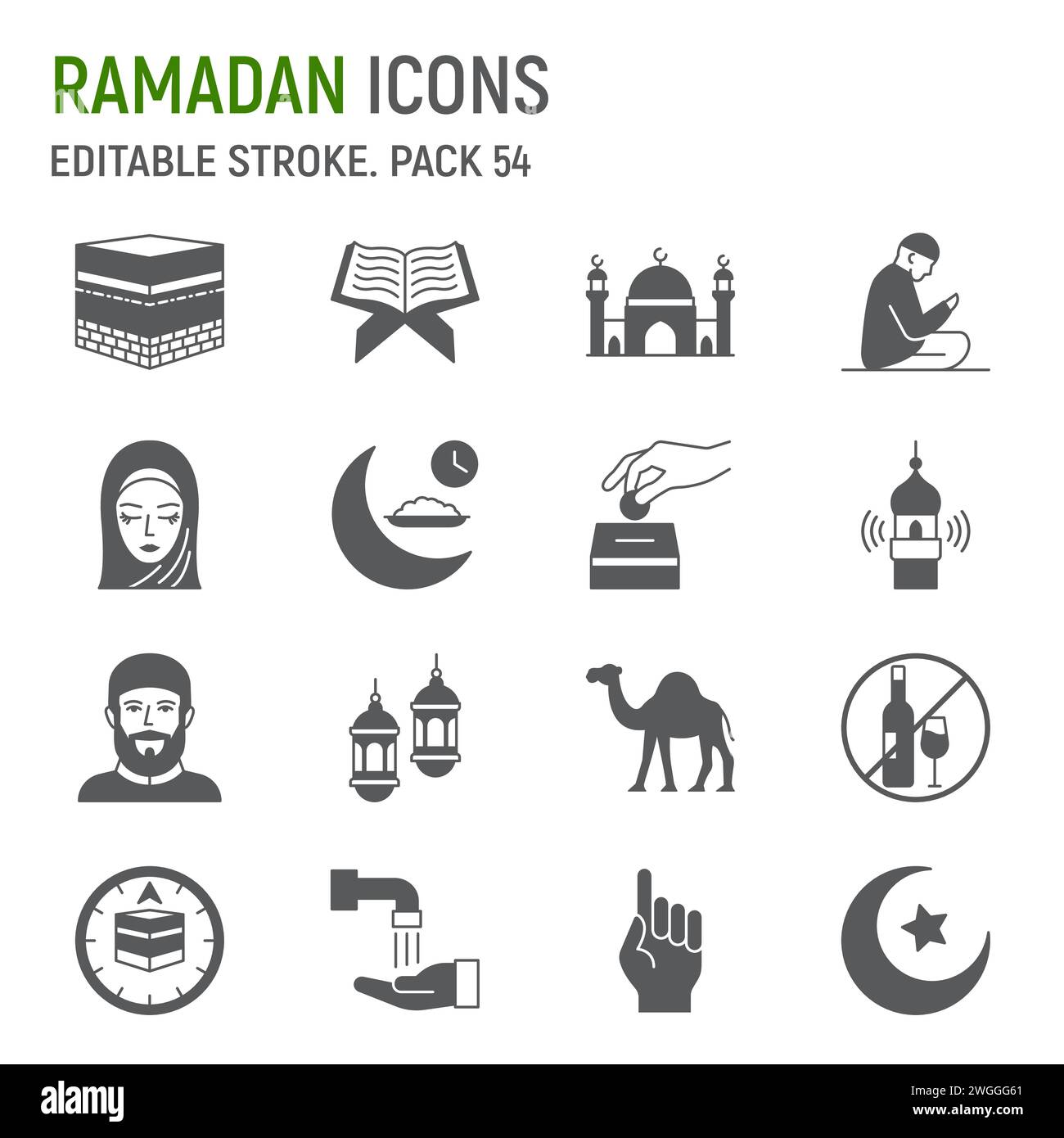 Ramadan Glyphe Icon Set, islamische Sammlung, Vektorgrafiken, Logo-Illustrationen, muslimische Vektorsymbole, islamische Zeichen, solide Piktogramme, bearbeitbarer Schlaganfall Stock Vektor