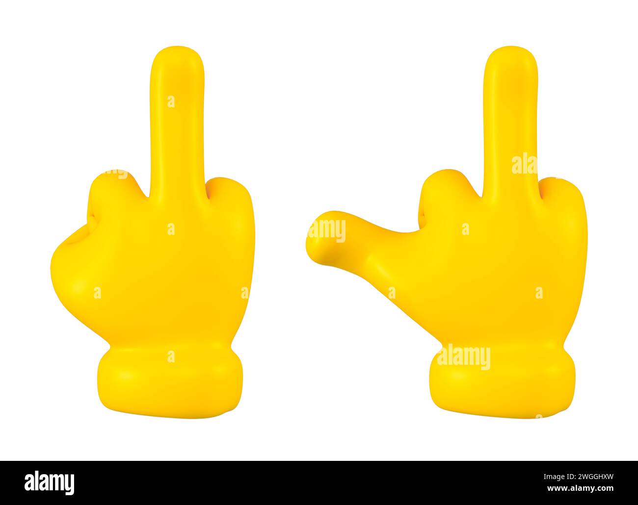 Satz gelber Cartoon-Hände mit isoliertem Mittelfinger. Symbol für Protestgesten, Symbol und Zeichenkonzept. 3D-Rendering. Stockfoto