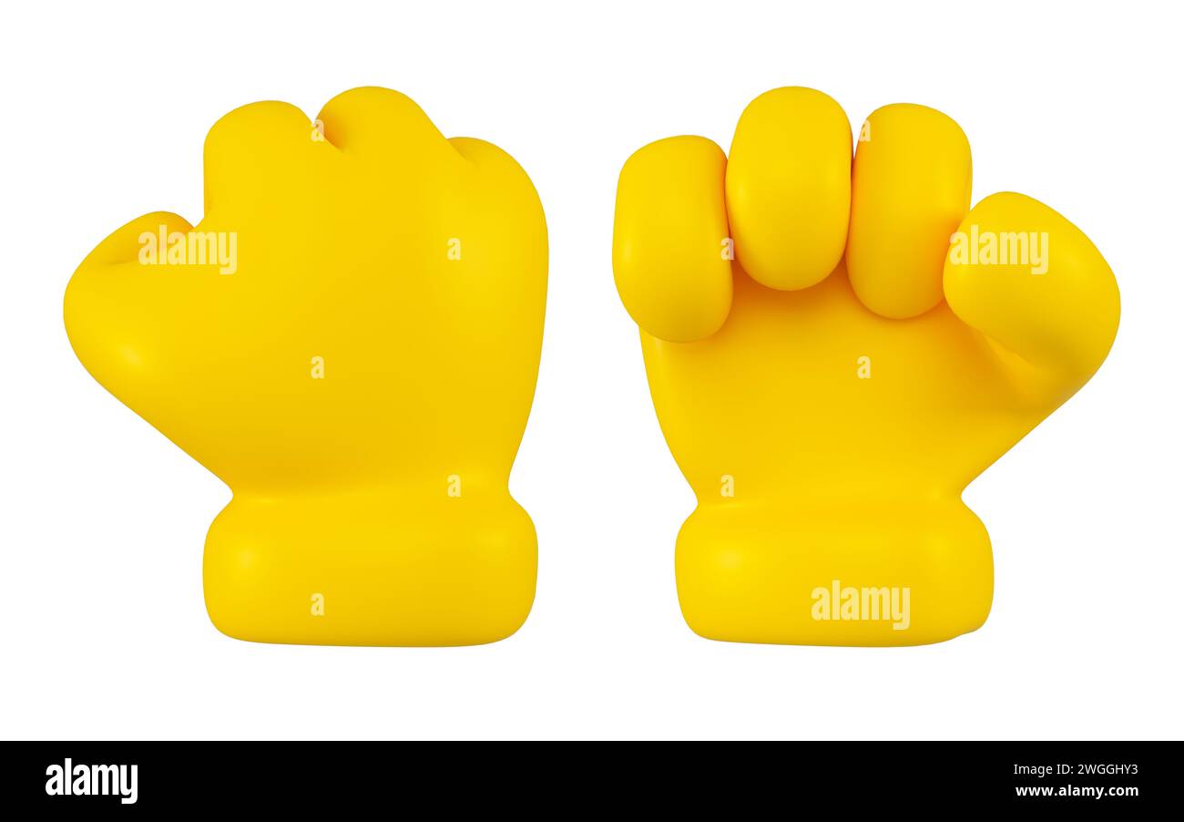 Satz von gelben Emoji-Händen Faustgeste isoliert. Stärke- oder Leistungssymbol , Symbol und Zeichen Konzept. 3D-Rendering. Stockfoto