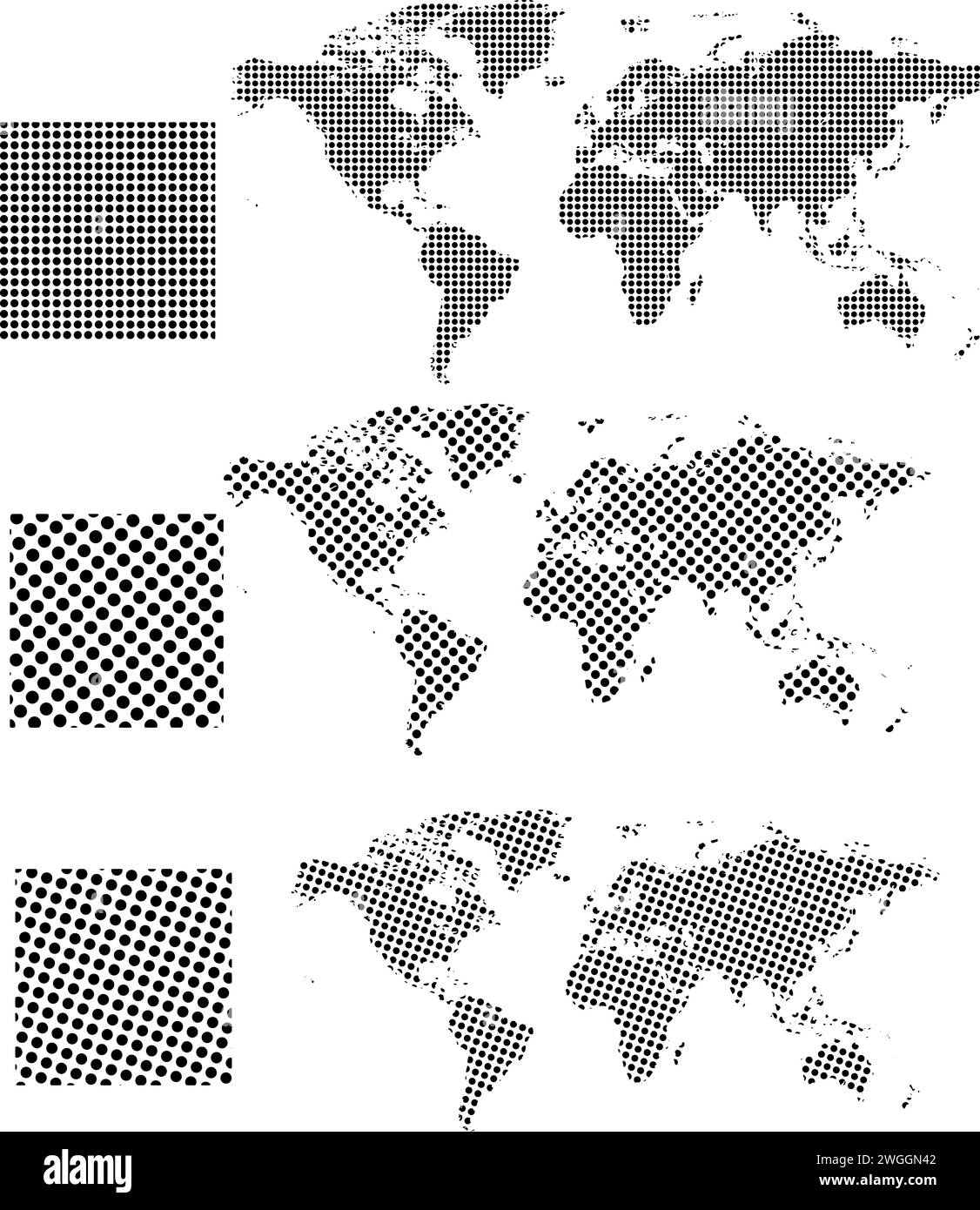 Satz gepunkteter Weltkarten in unterschiedlicher Auflösung. Stock Vektor