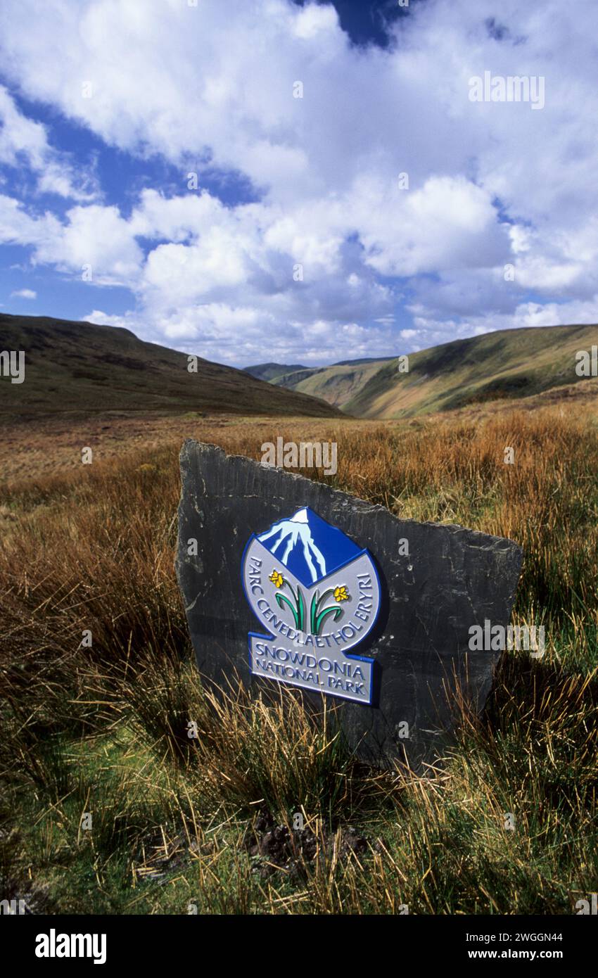Grenzschild zum Nationalpark Snowdonia in Großbritannien, Wales, Snowdonia. Stockfoto