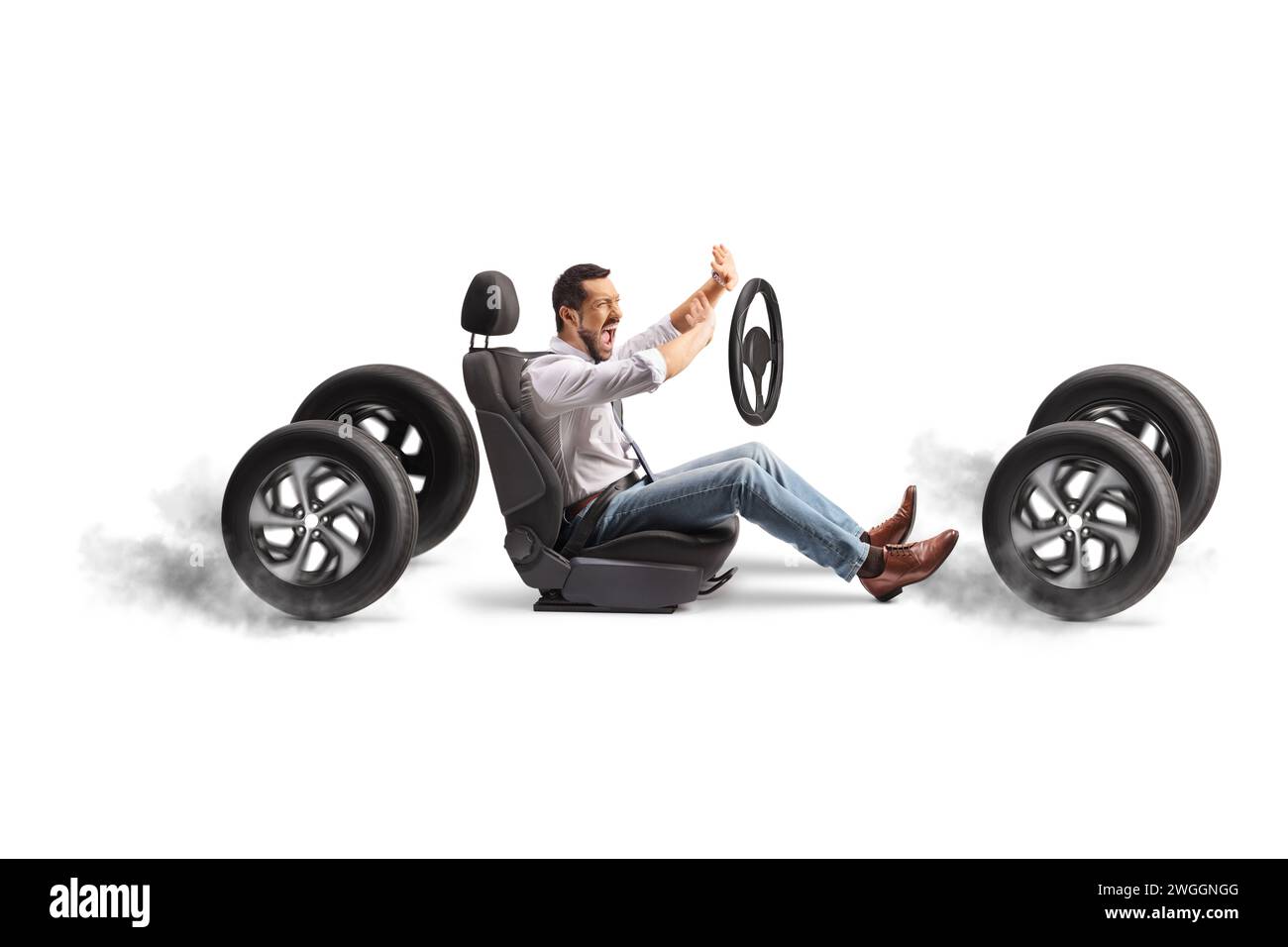 Mann schreiend bei einem Autounfall isoliert auf weißem Hintergrund Stockfoto