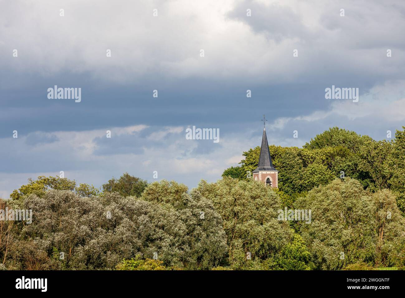 Ein Kirchturm erhebt sich an einem stürmischen Sommernachmittag über dichtes Laub Stockfoto