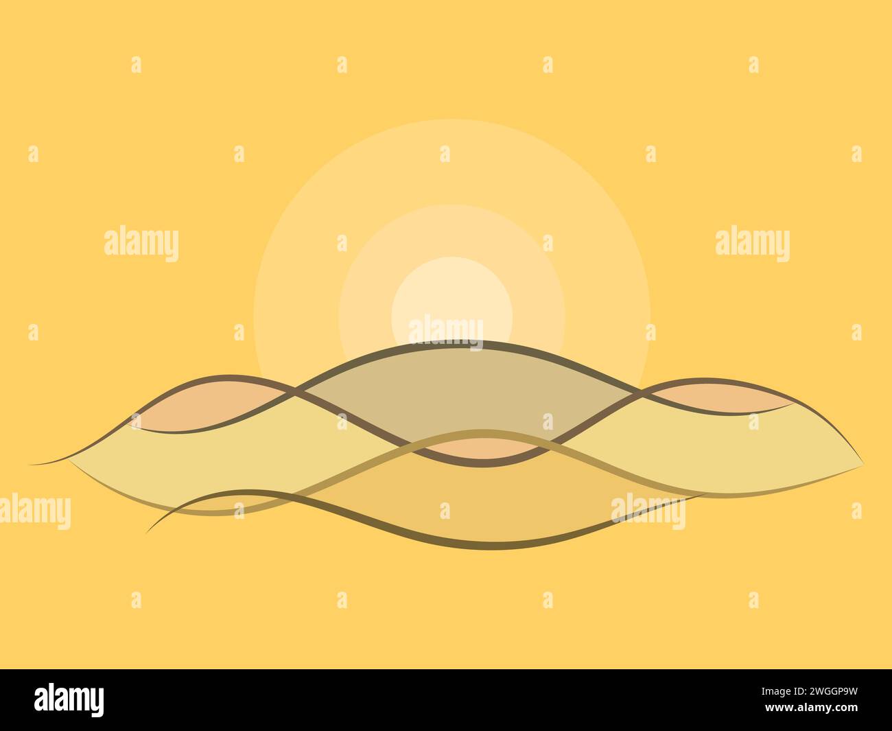 Wüstenlandschaft mit Sanddünen im Stil von Line Art. Sonnenaufgang über der Wüste im minimalistischen Stil. Wellige Landschaft mit Dünen und Sonne. Design für Banner Stock Vektor