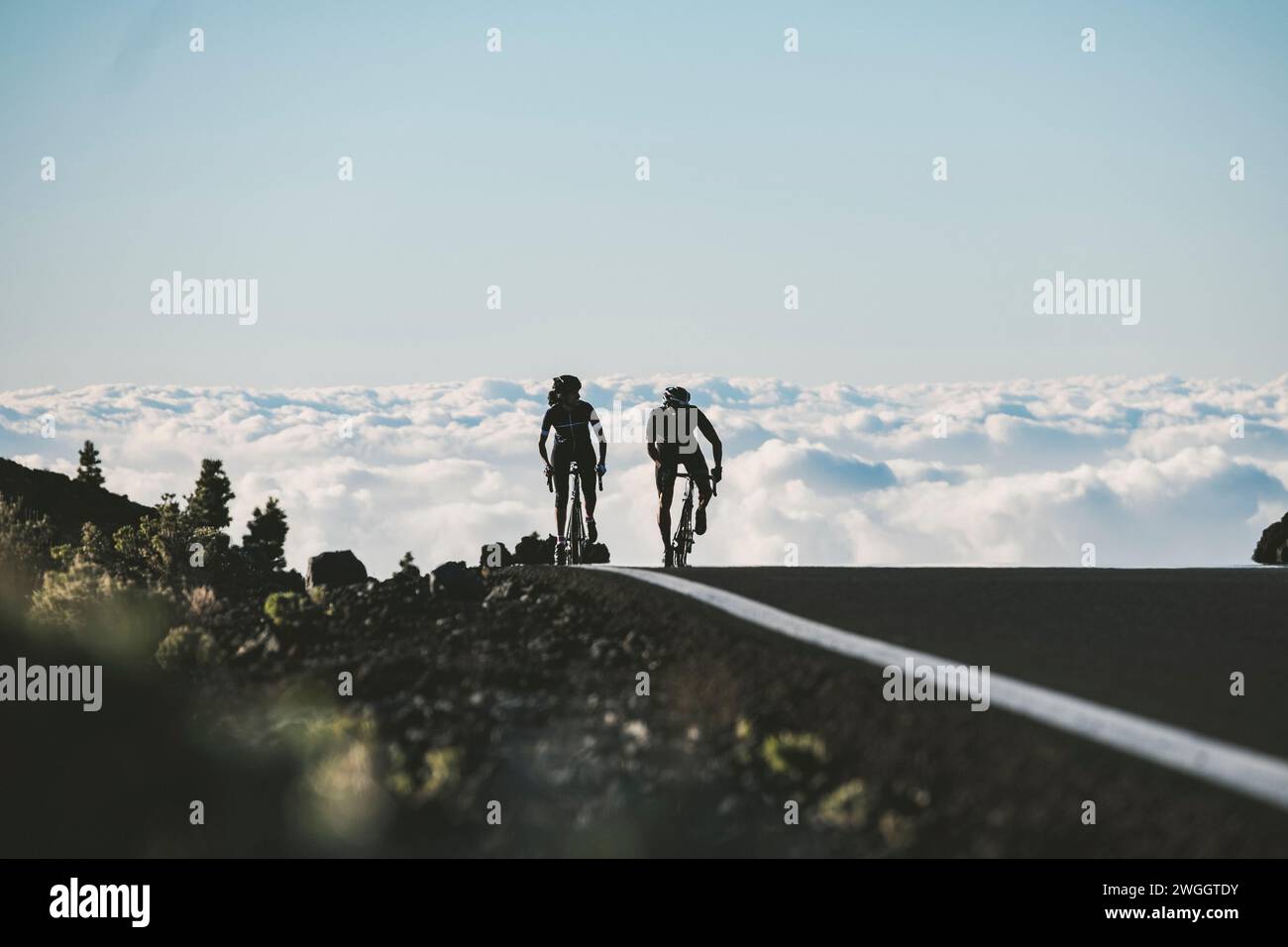 Zwei Radfahrer, die nebeneinander fahren, Teneriffa, Kanarische Inseln, Spanien Stockfoto