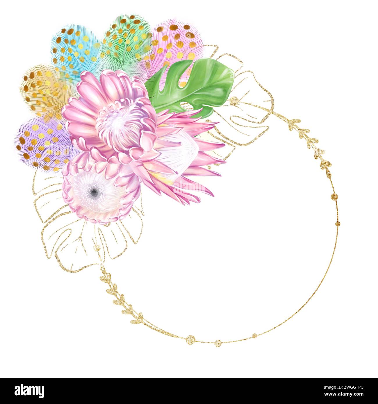 Goldener runder Rahmen mit rosafarbenen Protea-Blüten, tropischen Monstera-Blättern, bunten Federn mit goldenen Elementen. Luxuriöses Design. Vorlage für Stockfoto