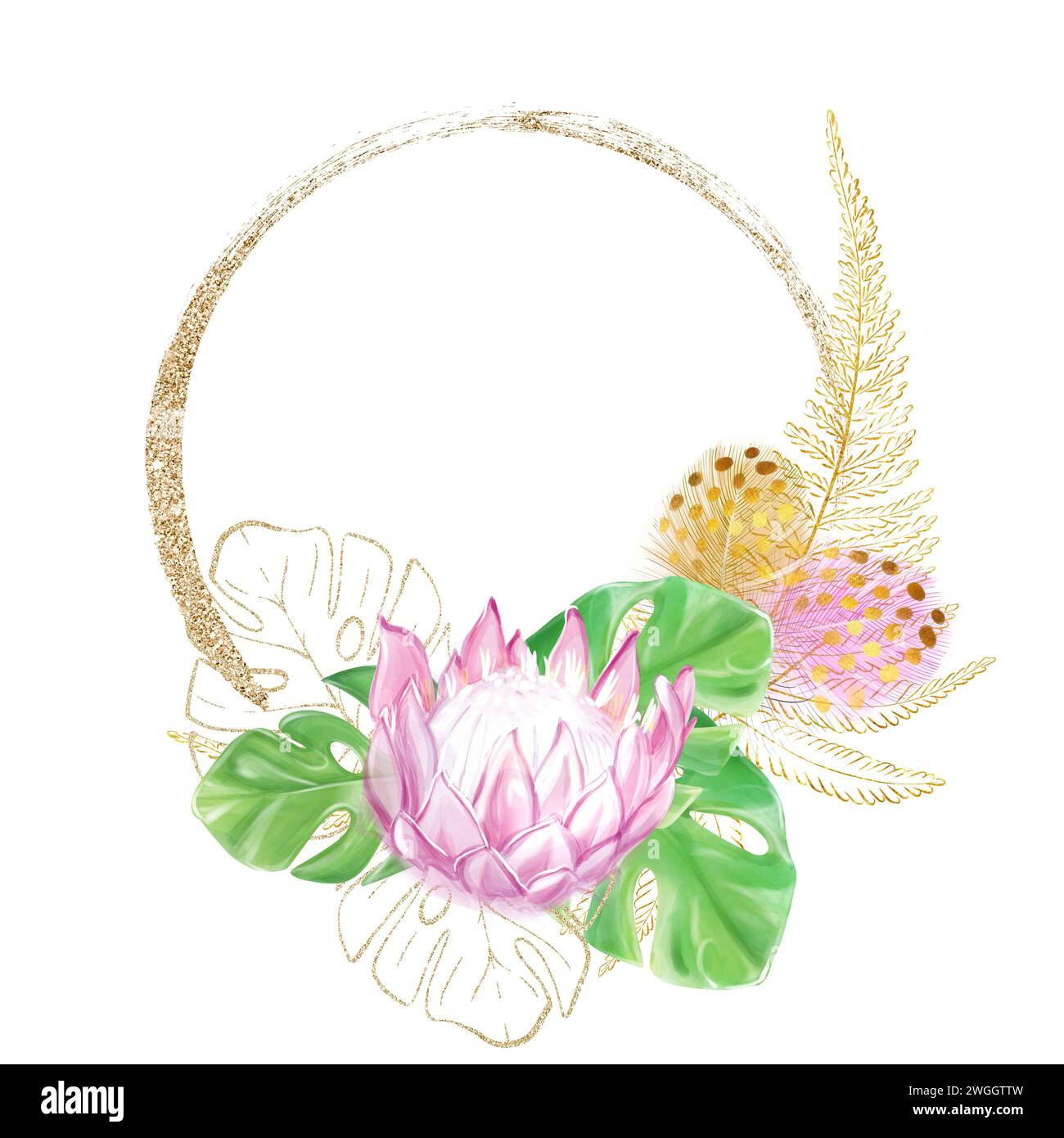 Goldener, runder tropischer Rahmen. Monstera Blätter, rosa Protea. Exotische Pflanzen, luxuriöses Design für Vorlage. Stockfoto
