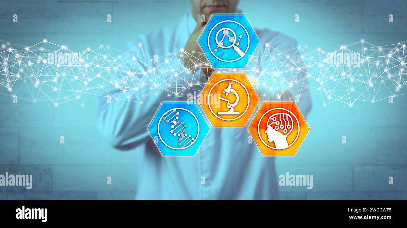 Nicht erkennbarer nachdenklicher Molekularbiologe, der künstliche Intelligenz in den Gentestprozess einbringt. Konzept der Pharmakogenomik, Pharmakogeneti Stockfoto