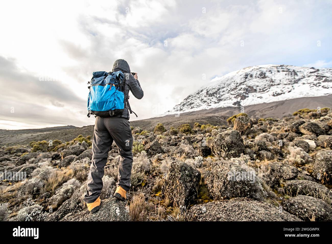 Wanderer fotografiert den schneebedeckten Gipfel des Kilimandscharo in Tansania Stockfoto