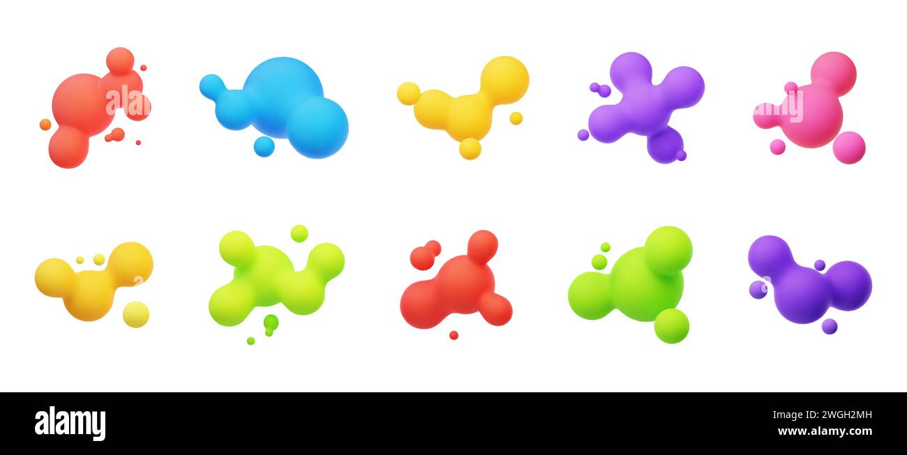 Farbenfrohe 3D-Morphing-Kugeln. Flüssige Klumpen wie Lavalampen. Flüssige 3D-Metaballs. Helle Vektorillustration für Karten, Poster, Werbung, Flyer. Isola Stock Vektor