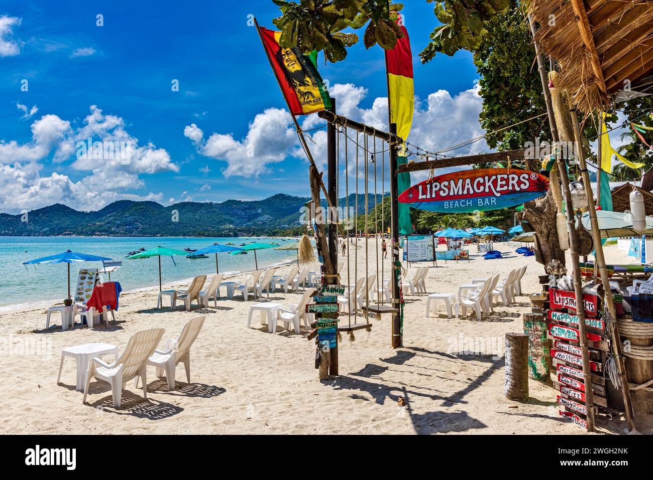 Schild für Lipsmackers Beach Bar und Club, Chaweng Beach, Ko Samui, Thailand Stockfoto