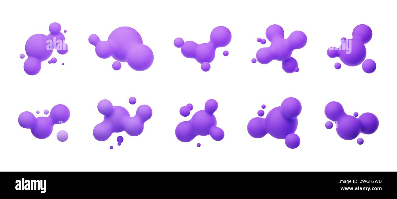 Violette 3D-Morphing-Kugeln. Flüssige Klumpen wie Lavalampen. Flüssige 3D-Metaballs. Bunte Vektor-Illustration für Karten, Poster, Werbung, Flyer. Isola Stock Vektor