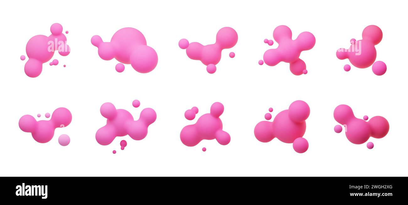 Pinkfarbene 3D-Morphing-Kugeln. Flüssige Klumpen wie Lavalampen. Flüssige 3D-Metaballs. Bunte Vektor-Illustration für Karten, Poster, Werbung, Flyer. Isolieren Stock Vektor