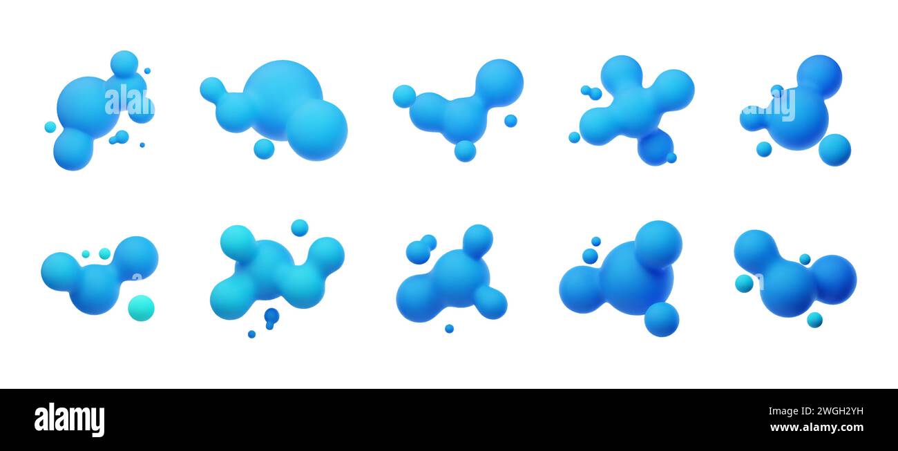 Blaue 3D-Morphing-Kugeln. Flüssige Klumpen wie Lavalampen. Flüssige 3D-Metaballs. Bunte Vektor-Illustration für Karten, Poster, Werbung, Flyer. Isolieren Stock Vektor