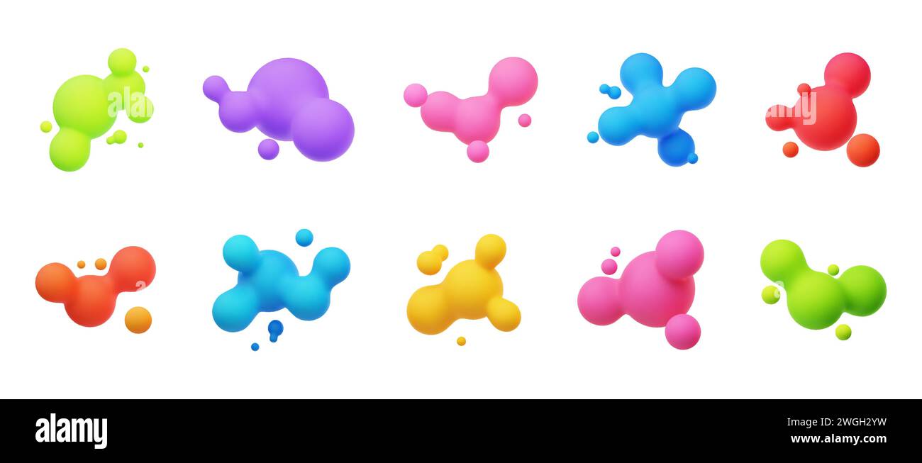 Farbenfrohe 3D-Morphing-Kugeln. Flüssige Klumpen wie Lavalampen. Flüssige 3D-Metaballs. Helle Vektorillustration für Karten, Poster, Werbung, Flyer. Isola Stock Vektor