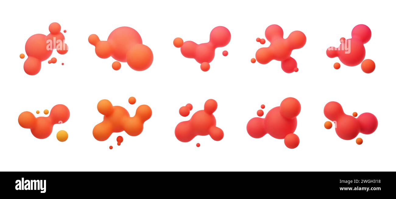 Rote 3D-Morphing-Kugeln. Flüssige Klumpen wie Lavalampen. Flüssige 3D-Metaballs. Bunte Vektor-Illustration für Karten, Poster, Werbung, Flyer. Isoliert Stock Vektor