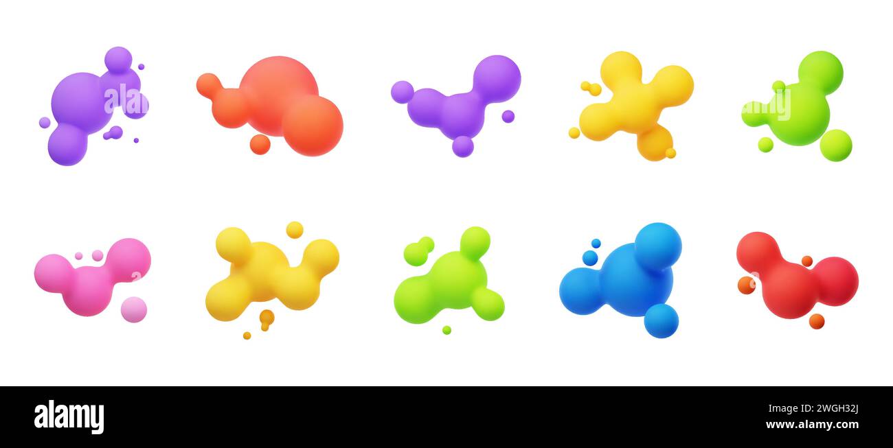 Farbenfrohe 3D-Morphing-Kugeln. Flüssige Klumpen wie Lavalampen. Flüssige 3D-Metaballs. Helle Vektorillustration für Karten, Poster, Werbung, Flyer. Isola Stock Vektor