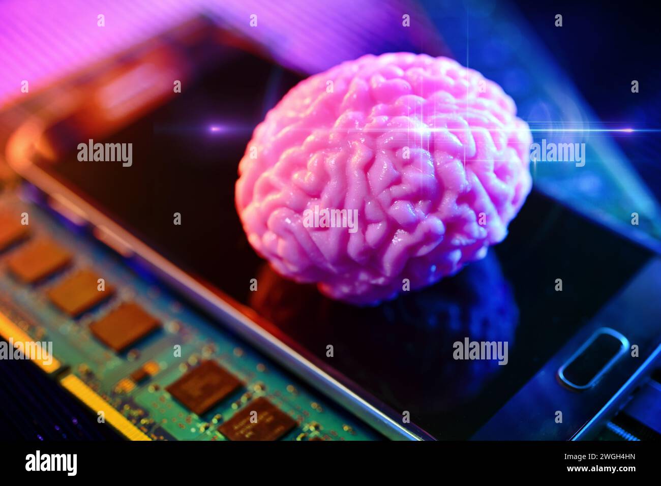 Gehirn auf Smartphone mit Computerplatinen, symbolische Photoneurotechnologie Stockfoto