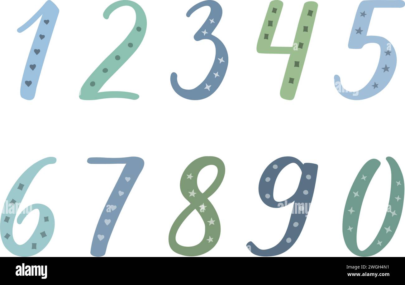Zahlen 1, 2, 3, 4, 5, 6, 7, 8, 9, 0 handgeschriebene Schrift mit dicken und dünnen Linien. Blaue und grüne Figuren mit Mustern auf weiß. Stock Vektor