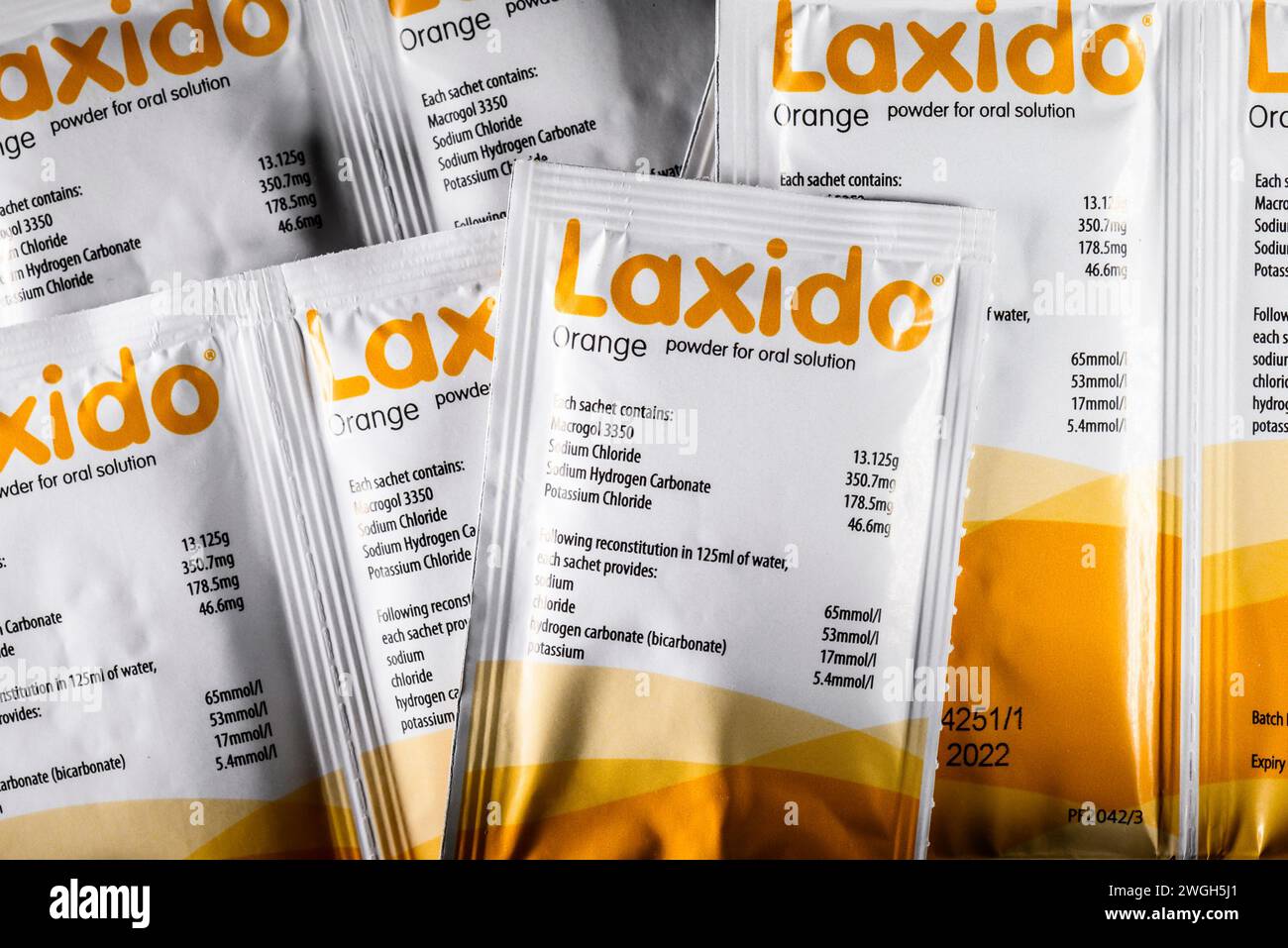 Laxido - Abführmittel in Pulverform - Beutel Stockfoto