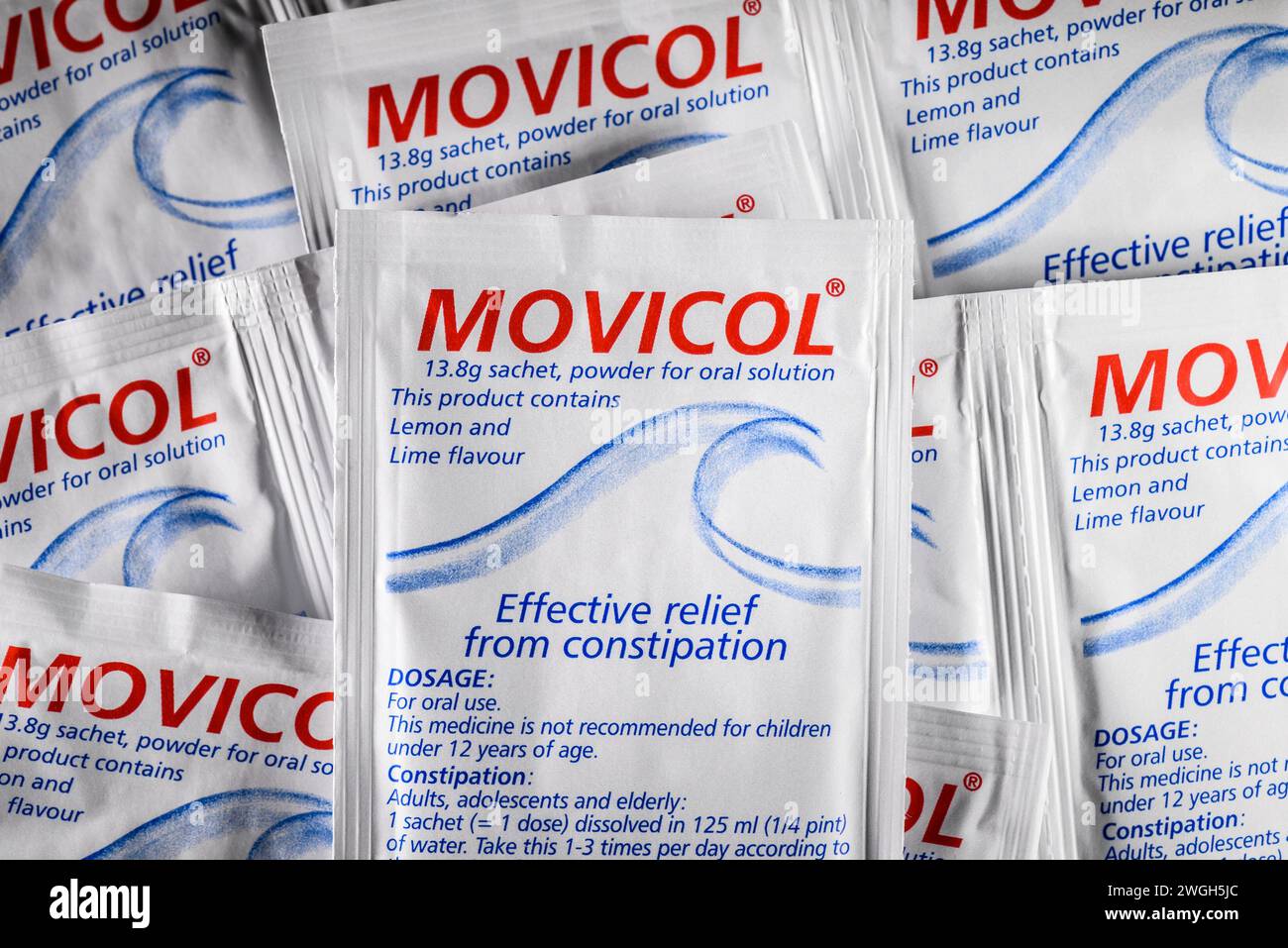 Movicol - Abführmittel in Pulverform - Beutel Stockfoto
